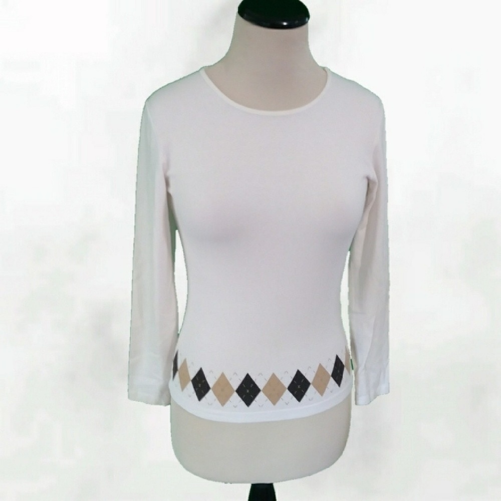 White Long Sleeve Tee With Tartan Plaid Trim - Picture 1 of 7